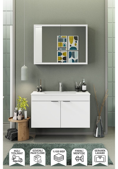 Biani Fix Loft 100 Cm Banyo Dolabı,Seramik Lavabolu, Aynalı,Lavabo Dahil,Mdf,Mat Beyaz Biani Fix Loft 100 Cm Banyo Dolabı,Seramik Lavabolu, Aynalı,Lavabo Dahil,Mdf,Mat Beyaz