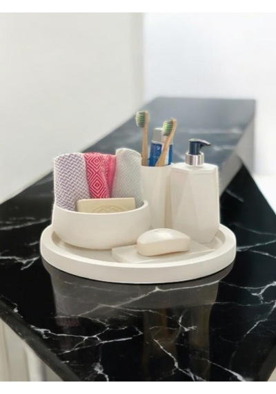 5'lı Mermer Desen Beton Banyo Seti , Sıvı Sabunluk Diş Fırçalığı Beton Aksesuar Takım,tepsi,havluluk Gri