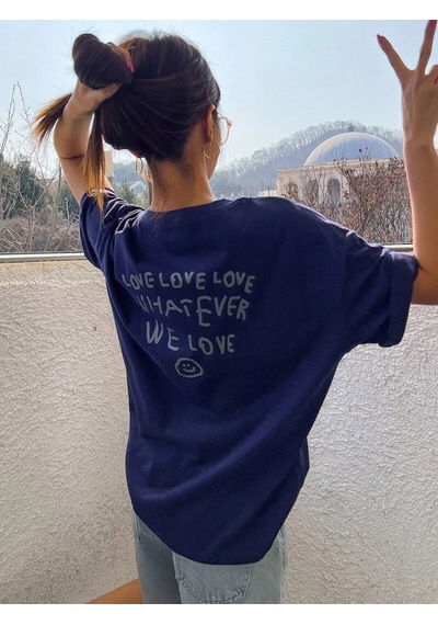 Flood Of Style Kadın Lacivert Love Love Love Baskılı Oversize T-shirt