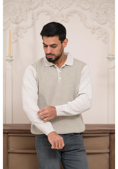 Woolen World Polo Yaka Armürlü Yünlü Erkek Triko Kazak Krem