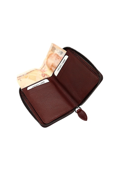 Westpolo Hakiki Deri Kağıt Para Ve Bol Kart Bölmeli Fermuarlı Unisex Cüzdan - Kahverengi Kahverengi