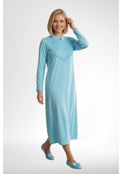 Mecit Pijama Mecit 6376 Turkuaz Kadın %100 Pamuk Uzun Kollu Gecelik