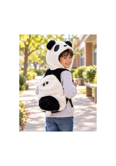 Unisex Çocuk Su Geçirmez Panda Tasarımlı Çıkarılabilir Kapüşonlu Sırt Çantası Siyah Beyaz