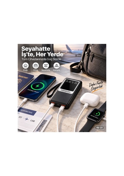 10000 Mah Powerbank 2 Usb Çıkışlı Dahili Type-c Ve Lightning Kablolu Led Işıklı Dijital Göstergeli- Re-01 Diğer