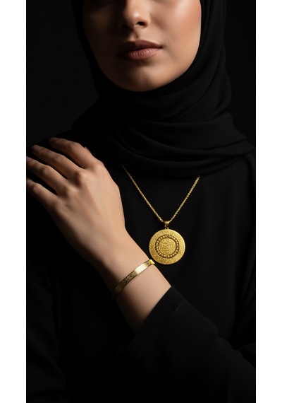 Zırh Model Kolye Ve Ayetel Kürsi Bileklik Seti Gold Renk Paslanmaz Çelik Takı Altın