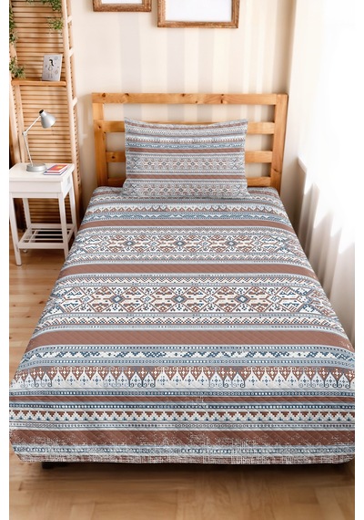 Etnik Geometrik Kahverengi Pike Takımı - Bohem Çizgili Mavi Bej 160x220 Cm Kapitone Yatak Örtüsü Lavantaımsı Koru Havası