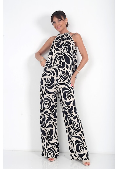 By Saygı Kadın Halter Yaka Bluz Beli Lastikli Cepli Palazzo Pantolon Desenli 2'li Takım Siyah By Saygı Kadın Halter Yaka Bluz Beli Lastikli Cepli Palazzo Pantolon Desenli 2'li Takım Siyah