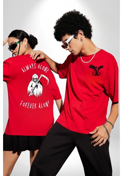 Her Zaman Yalnız Daima Yalnızlık Azrail Kırmızı Oversize Unisex Ön Ve Sırt Baskılı Tişört Kırmızı
