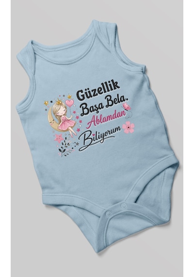 Morivokids Güzellik Başa Bela Ablamdan Biliyorum Sıfır Kol Bebek Zıbını %100 Pamuk Bebe Mavisi