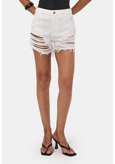 it's basic Kadın Kırık Beyaz 15s6-101 Mini Boy Yüksek Bel Yırtık Detaylı Püsküllü %100 Koton Denim Şort