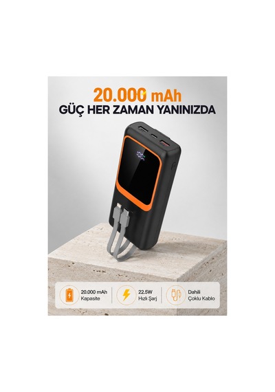 Powerbank 20000 Mah 22.5w Hızlı Şarjlı Ve Kompakt Çoklu Kablo Çıkışlı Altın