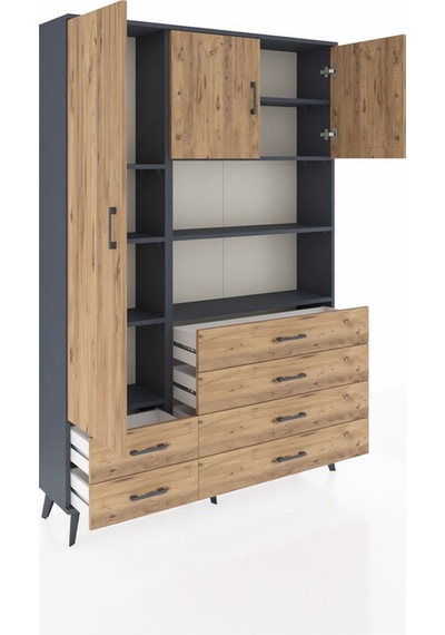 Arges Dolap 8 Raflı 6 Çekmeceli 3 Kapaklı 132x30x195 Antrasit-çam/çam Atlas Çam/atlas Çam