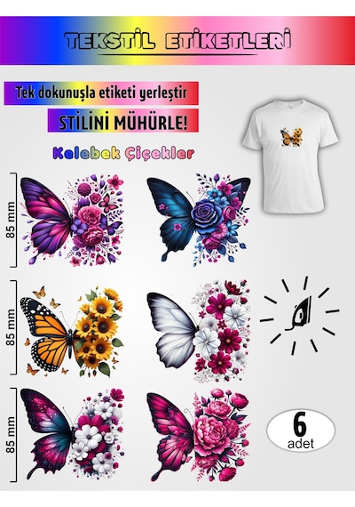 Ütü İle Yapışan Kıyafet Etiketi Kelebek Çiçekler 6lı Set Karışık