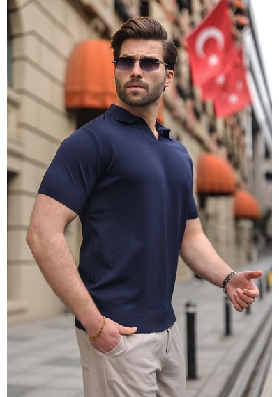 Madmext Lacivert Polo Yaka Triko Kısa Kollu Erkek Tişört E7463 Lacivert