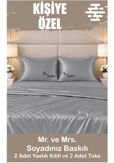 Kişiye Özel Baskılı Saten Yastık Kılıfı 2 Adet 50x70cm 2 Adet Hediye Saten Tokalı Gri