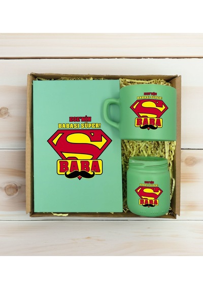 Bk Gift Kişiye Özel İsimli Dtf Baba Temalı Yeşil Defter + Kahve Fincanı + Mum Seti-1