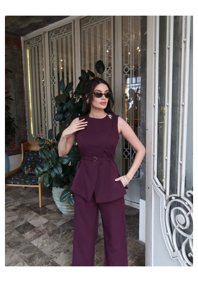 Kechi Woman Double Kumaş Astarlı Yelekli Takım Şık Cool Bordo
