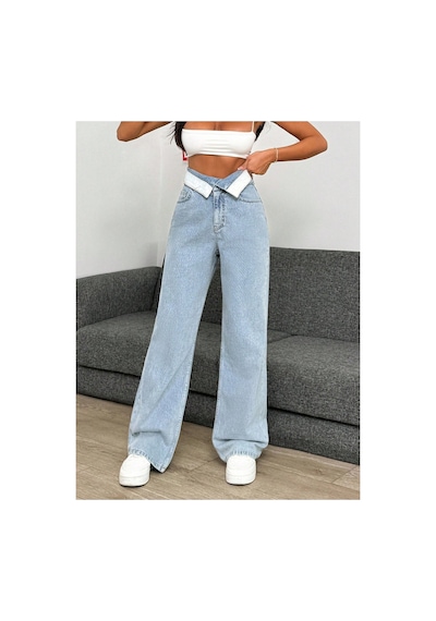 Kene Jeans Yüksek Bel Kemer Yakalı Bol Paça Jeans Mavi