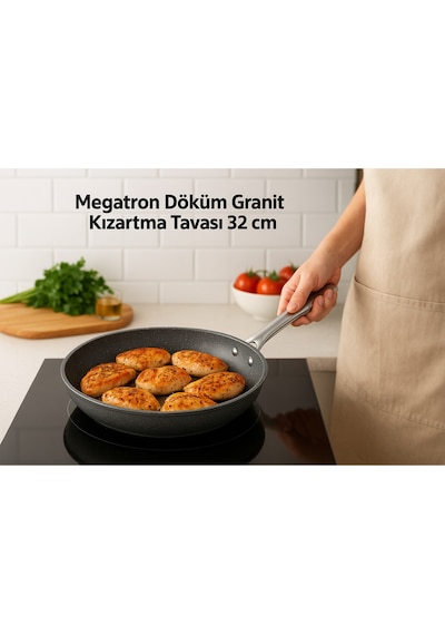 Polochef Megatron Granit Çelik Saplı Izgara,patates,balık Kızartma Tavası Büyük Boy Mega 32 Cm Gri