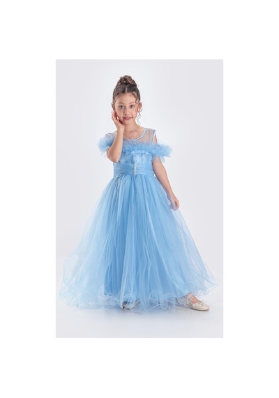 Mnk Baby & Kids Uzun Etek Kız Çocuk Robası Şifon Abiye M00723 Mavi