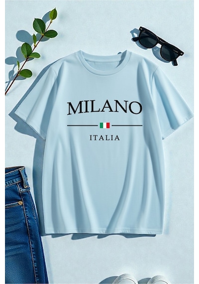 Uyguntarz Unisex Mılano Itally Baskılı Tasarım Tshirt Bebe Mavisi