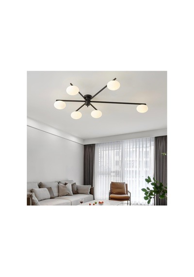 Modern Yassı Küre Sputnik Avize 6 Kollu Mat Opal Glob Ufo Cam Siyah Metal Minimal Salon Avize Siyah