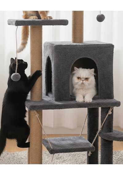 Reyo Pet Y01 Salıncaklı Yuvalı Lüx Kedi Tırmalama Oyun Evi Antrasit