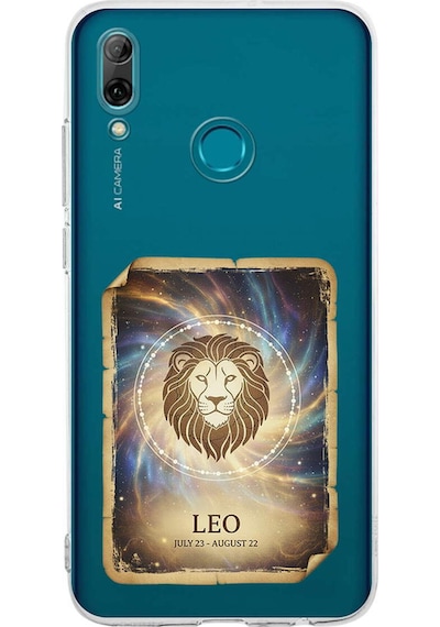 Huawei P Smart 2019 İle Uyumlu Burç Kartları Aslan Tasarımlı Şeffaf Silikon Kılıf Şeffaf