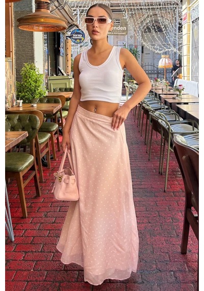 Madmext Pembe Minimal Puantiye Desen Şifon Astarlı Etek Mg2821