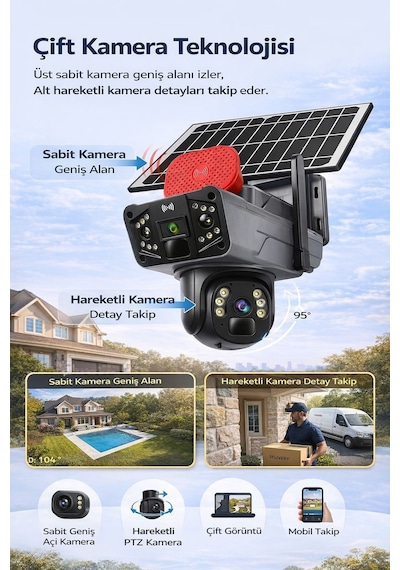 Unw-x59 2 Li 4g Solar Güvenlik Kamerası 1 Sabit + 1 Hareketli Esım Li, 20gb İnternet Dahil, 32gb Sd Kart Hediyeli, 9mp, Renkli Gece Görüşlü
