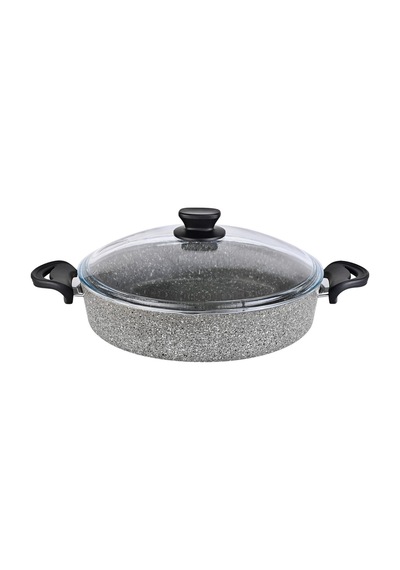 Diez 32 Cm Granit Basık Tencere Gri Yapışmaz Karnıyarık & Pilav Tenceresi Cam Kapaklı