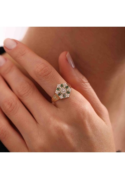 Baget Detaylı Altın Taşlı Yüzük Emerald T12870 Renkli