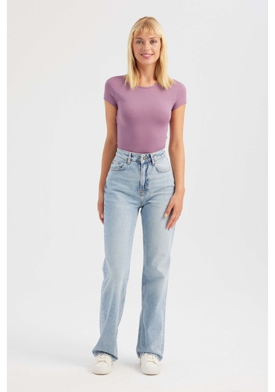 Hiccup Yuvarlak Yaka Çapraz Arka Kısa Kollu Crop Top Mor