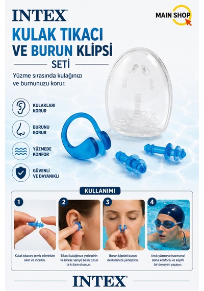 Mainshop Intex Havuz Ve Deniz Için Kulak Tıkacı Ve Burun Klipsi Seti Saklama Kutulu M-55609