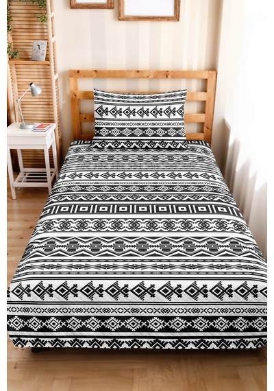 Siyah Geometrik Etnik Genç Odası Tek Kişilik Pike Takımı - Modern 160x220 Cm Kapitone Yatak Örtüsü Kumlu Anı Perdesi