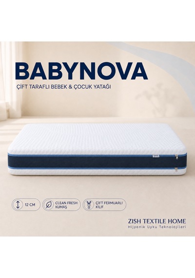 Babynova Sünger Bebek Ve Çocuk Yatağı Çift Fermuarlı Yıkanabilir Kılıf Beşik, Park Yatak 12 Cm 60 x 120 CM