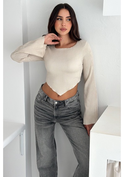 Noa & Noa İspanyol Kol Ribanalı Sivri Etek Uçlu Crop Bluz Modern & Vücuda Oturan Stil Bej