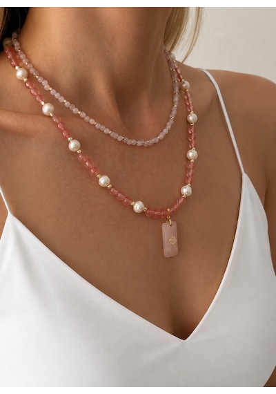 El Yapımı Doğal Gül Kuvarsı, Pembe Kuvars Ve Barok İnci Katmanlı Kolye Pembe - Beyaz