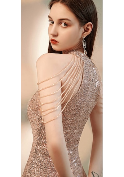 Hanife Glam Couture Hanife Glam Halter Yaka Taş Tasarımlı Pul Payet Abiye Elbise Gold