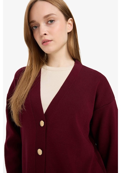 Defacto Relax Fit V Yaka Hırka E6134ax25aubr459 Bordo