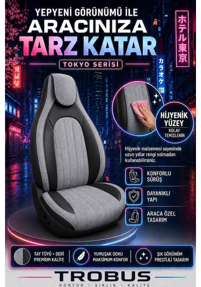 Fiat Albea 2002-2012 Bel Destekli Tay Tüyü Koltuk Kılıfı Tokyo Serisi Gri Siyah