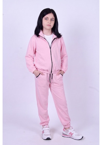 Panios Kids Kız Çocuk Dik Yaka Fermuarlı Beli Bağcıklı Lastik Paça Eşofman Takımı Pembe