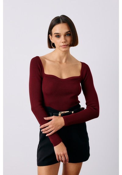 Sateen Kalp Yaka Triko Bluz - Bordo-135189 Bordo