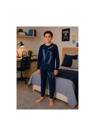 Formo Erkek Çocuk %100 Doğal Pamuk Manşet Paça Uzun Kollu Pijama Takımı Mavi