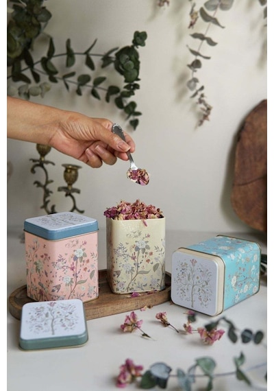 Flora Desenli 3'lü Kare Metal Saklama Kabı Seti, 7,5 X 7,5 X 10 Cm, 0,5 Lt