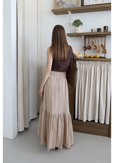 Neşeli Butik Kadın Müslin Kumaş Asimetrik Etek Nbnp011 Bej