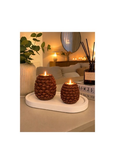 Premium Kozalak Desenli 2 Li Mumluk Seti Dekoratif Tealight Mumluk Kahverengi