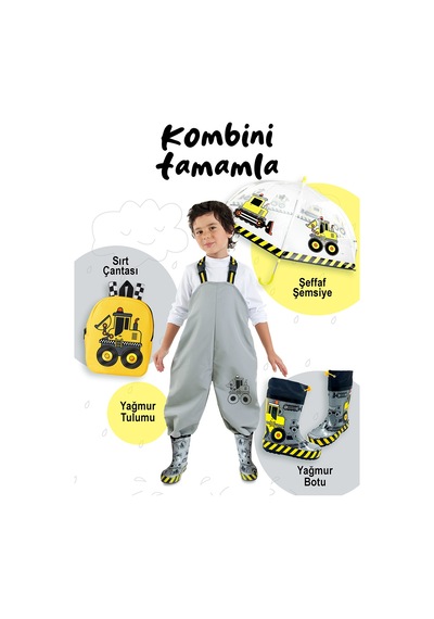 Denokids Erkek Çocuk İnşaat Araçları Desenli Gri Su Geçirmez Yağmur Botu 26-34 Numara