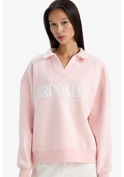 Defacto Relax Fit Polo Yaka Baskılı Kalın Sweatshirt G6412ax25wnpn364 Pembe-pn364