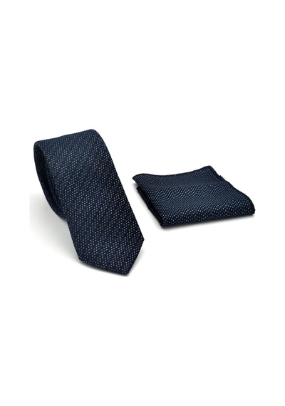 Gaffy Beyaz Kırcıl Desenli Lacivert Dokuma Kumaş Mendilli Slim Fit Kravat // Sdk-2504-2 Lacivert